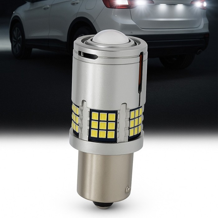 Bec LED Auto P21W / BA15S / 1156 cu Lupa si 60 LED-uri Premium Culoare Alba 6000K pentru Marsarier sau DRL, lumini de zi, CANBUS, fara eroare de bec a