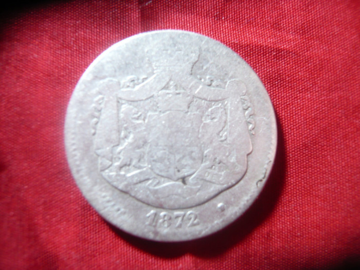 Moneda 2 lei 1872 , Carol I , argint , cal slaba