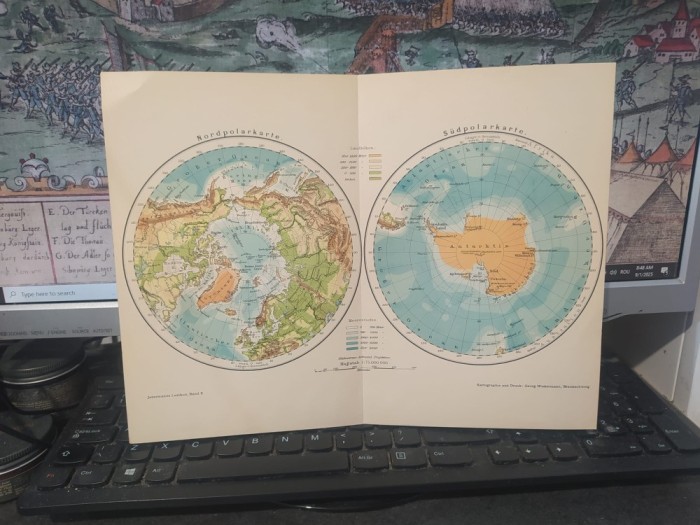 Hartă fizică Polul Nord și Polul Sud, Nordpolarkarte, Sudpolarkarte, circa 1920, kartographie und druck Georg Westermann, Braunschweig, 181