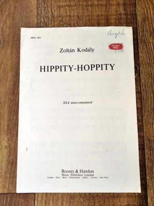 DD Partitura cor, Zoltan Kodaly, Hippity-Hoppity, SSA unaccompanied, Boosey &amp; H