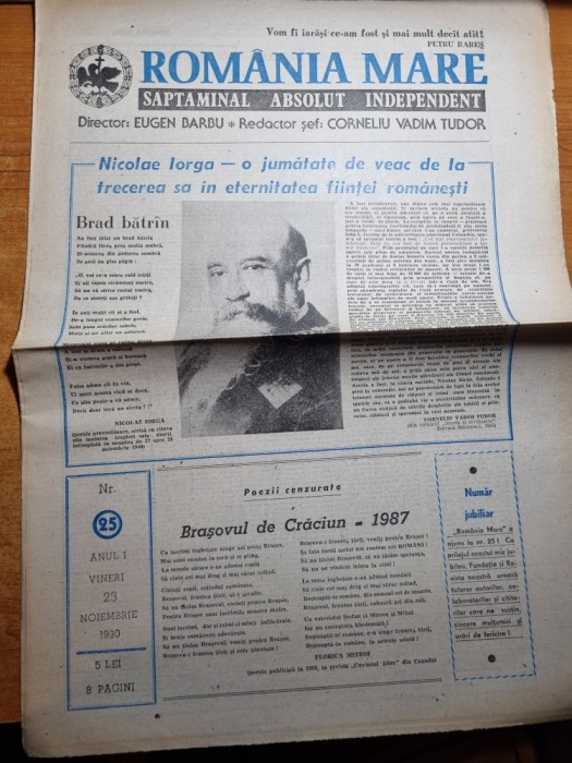 ziarul romania mare 23 noiembrie 1990-50 de ani de la moartea lui nicolae iorga