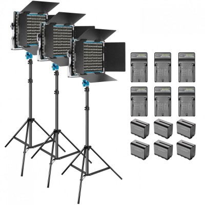 Kit de lumina continua cu 3 lumini LED Neewer cu doua culori, 660 de LED-uri, 6 baterii 6600mAh Li-ion si incarcatoare, iluminare pentru studio video, foto