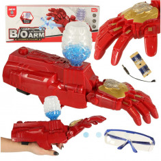 Pistol de jucarie cu bile din gel, model mana Iron Man, incarcator usb, ochelari protectie, incarcator stil grenada, rosu