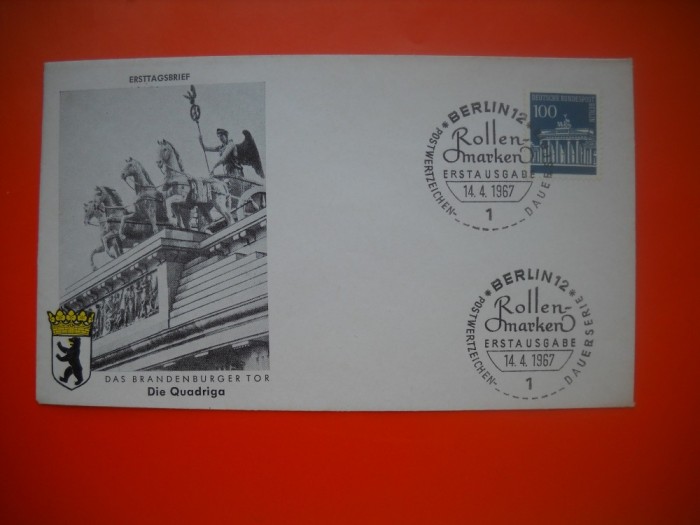 HOPCT PLIC S NR 517 QUADRIGA POARTA BRANDENBURG -ROLLEN MARKEN 1967 GERMANIA -NECIRCULAT
