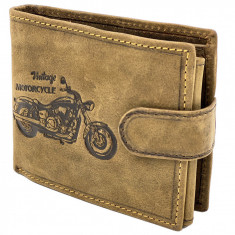 Portofel Barbati Personalizat Micutz® Moto Vintage Maro, 12,5x10x2 cm, Lant pentru Prindere, Piele Naturala