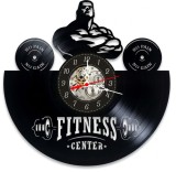 Ceas de perete decorativ, Fitness / Dumbbell Gym, realizat din disc de vinil (Vinyl Record), 30 cm, mecanism silențios, negru