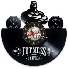 Ceas de perete decorativ, Fitness / Dumbbell Gym, realizat din disc de vinil (Vinyl Record), 30 cm, mecanism silențios, negru