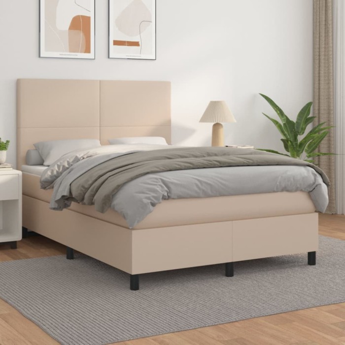 vidaXL Pat box spring cu saltea, cappuccino, 140x190cm piele ecologică 3142724