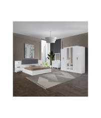Dormitor Cod200, 6 Piese, Pat 160 x 200, Comoda Cu Oglinda, 2Noptiere, Dulap 6u, Culoare Alb
