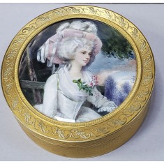 Cutie din alama aurita, decorata cu miniatura pictata pe fildes, Franta cca 1900
