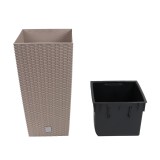 Ghiveci din plastic cu finisaj ratan sintetic Rato Tubus, cu masca, patrat, mocca, 26.5 x 26.5 x 50 cm