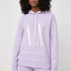 Armani Exchange hanorac de bumbac femei, culoarea violet, cu glugă, cu imprimeu