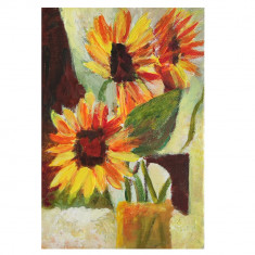 E68. Tablou, Flori de vara, acrilic pe carton panzat mic, neinramat, 11x18 cm