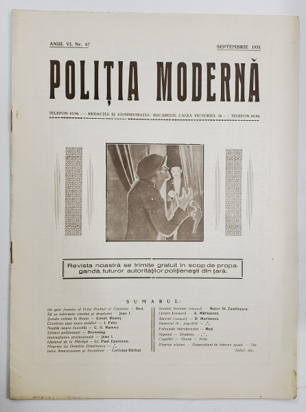 POLITIA MODERNA , REVISTA LUNARA DE SPECIALITATE , LITERATURA SI STIINTA , ANUL VI , NR.67 , SEPTEMBRIE , 1931