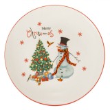 Farfurie Crăciun, Model Om de Zăpadă, Porțelan, Culoare Ecru, Diametru 19cm, Compatibilă Mașină de Spălat Vase și Cuptor cu Microunde