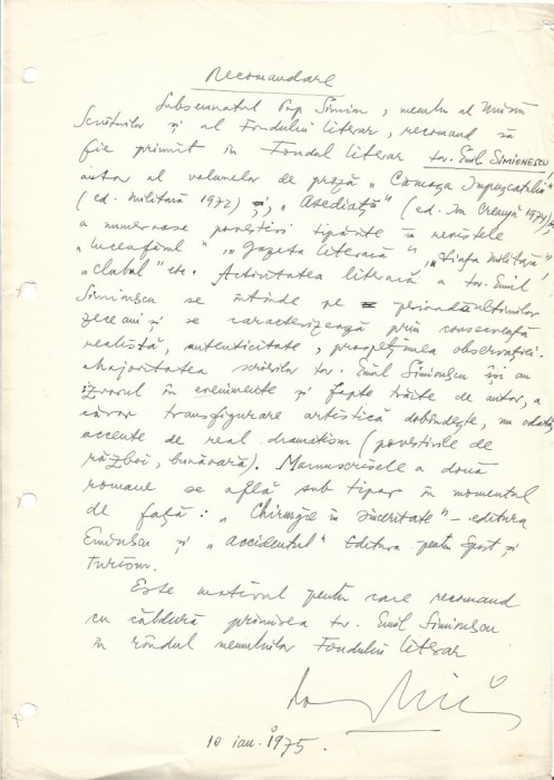 A3418N Simion Pop, scriitor, jurnalist, ambasador al Rom&acirc;niei &icirc;n Ungaria, act olograf semnat, 1975