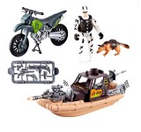 Set de joaca militar cu barca, sunete, lumini si motocicleta