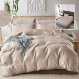 LENJERIE DE PAT CREPONATĂ UNI 6 PIESE CU HUSĂ (BEJ)