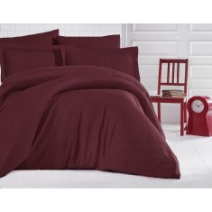 Lenjerie de pat matrimonial SUPER cu husa de perna dreptunghiulara, Elegance, damasc, dunga 1 cm 130 g/mp, Bordeaux, bumbac 100%