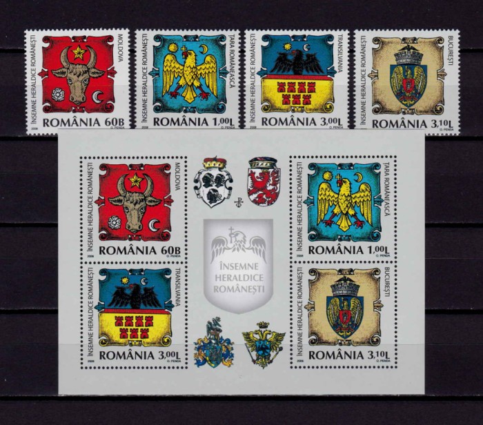 RO 2008 LP 1816+b &quot;Insemne Heraldice Romanesti&quot;, serie + colita 437 ,MNH