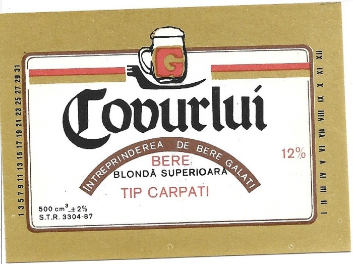 NI404 Etichetă bere blondă superioară tip Carpați, Covurlui, &Icirc;ntreprinderea de bere Galați