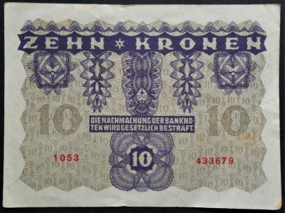 Bancnota istorica 10 COROANE / KRONEN- AUSTRIA, anul 1922 * cod 374 foto