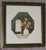 Goblen vintage, Orhidee in vaza, 80 cm patrati, lucrat manual anii 90, inramat