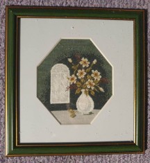 Goblen vintage, Orhidee in vaza, 80 cm patrati, lucrat manual anii 90, inramat
