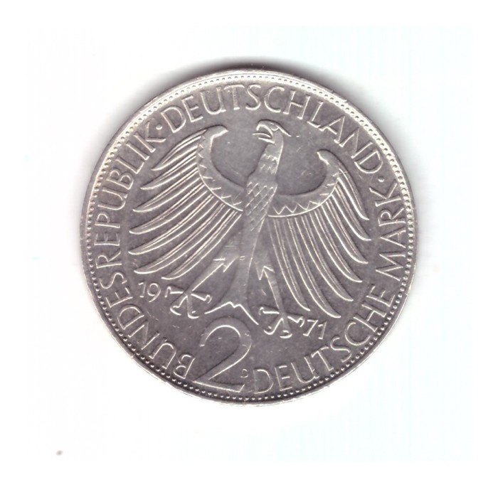 Moneda Germania 2 mark/marci 1971 D, Max Planck, cu luciu