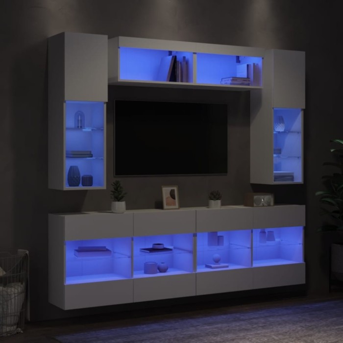 vidaXL Set comode TV de perete, 6 piese, cu lumini LED, alb 3216797