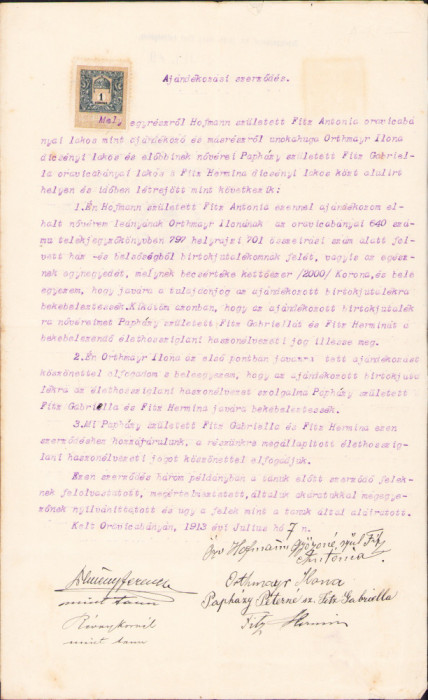 HST A1345 Act de donație 1913 Oravița