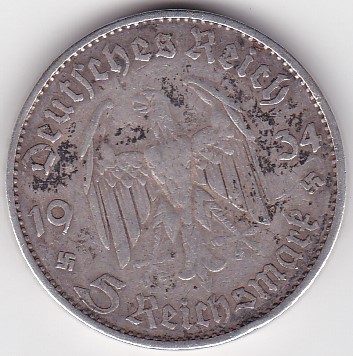 GERMANIA 5 MARCI REICHSMARK 1934 D