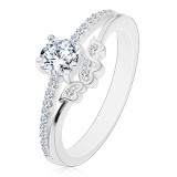 Inel realizat din argint 925 - de logodnă, zirconiu transparent și brațe strălucitoare, inimi - Marime inel: 56