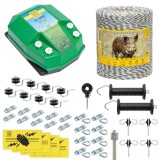 Pachet gard electric complet 1000 m, 4.5 Joule, aparat 12V, fir, izolatori, conectori, manere, placuta avertizare, pentru animale salbatice