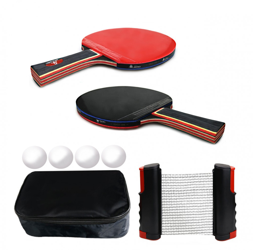 Set complet de ping pong cu 2 palete tenis de masa, fileu retractabil, 4  mingi si geanta transport | Okazii.ro