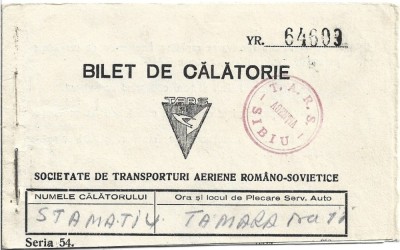 A3449N Bilet de călătorie, Societatea de Transporturi Aeriene Rom&amp;acirc;no-Sovietice, TARS, Agenția Sibiu foto
