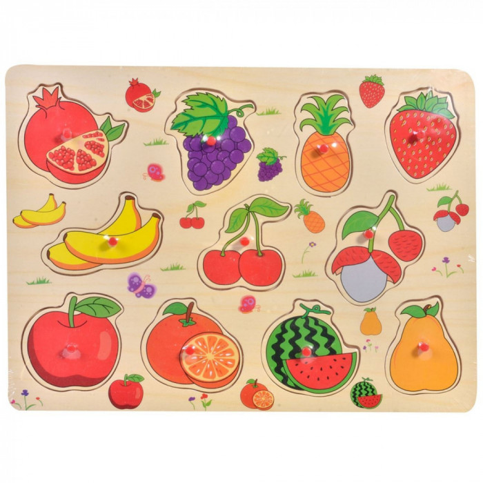 Puzzle Educativ cu Fructe - 11 Piese lemn cu maner, Dimensiune 30x22cm