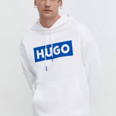 HUGO Blue bluză bărbați, culoarea alb, cu glugă, imprimeu 50522370