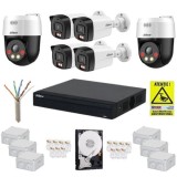 Sistem supraveghere cu functii inteligente IP, Dahua, 4 camere fixe 4MP, IR 30m, Microfon, 2 camere rotative 5MP, Difuzor, Alarma, Accesorii montaj, H