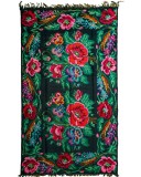 Covor traditional vintage din l&acirc;nă 274&times;170 cm, țesut, model floral pe fundal &icirc;nchis, cu franjuri &ndash; stil rom&acirc;no-moldovenesc/basarabean