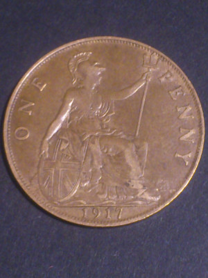 One 1 penny 1917 Anglia, stare EF (poze) foto