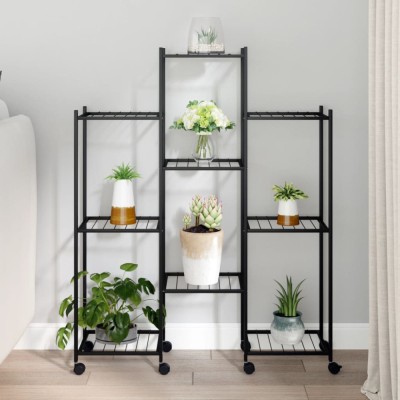vidaXL Suport pentru flori cu roți, 83x25x103,5 cm, negru, fier foto