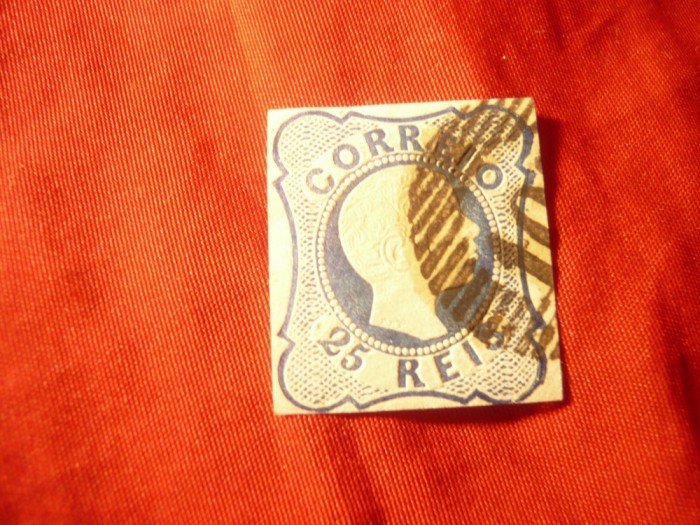 Timbru Portugalia 1856 Rege Pedro V , 25r albastru, desen fin, stampilat