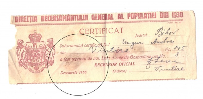 Certificat recensat Directia Recensamantului General al Populatiei din 1930