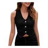 Vest din denim pentru femei cu decolteu &icirc;n V, sexy, fără m&acirc;neci, cu nasturi, vest din blugi, topuri scurte, jachetă casual din denim