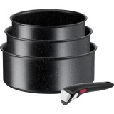 Set 4 piese Tefal Ingenio Black Stone, cratita 16/28/20 cm, maner detasabil, invelis antiaderent Mineralia+, indicator temperatura Thermo-Signal, negr