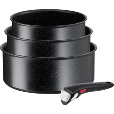Set 4 piese Tefal Ingenio Black Stone, cratita 16/28/20 cm, maner detasabil, invelis antiaderent Mineralia+, indicator temperatura Thermo-Signal, negr