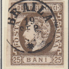 ROMANIA 1871 LP 33 CAROL I CU BARBA 25 BANI BRUN SEPIA NEDANTELAT T4 STAMPILAT