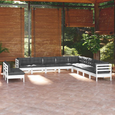 vidaXL Set mobilier grădină cu perne, 11 piese, alb, lemn masiv pin