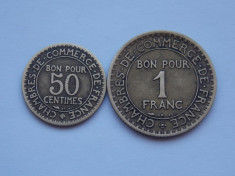 LOT 2 MONEDE 50 CENTIMES, 1 FRANC - 1923 FRANTA foto